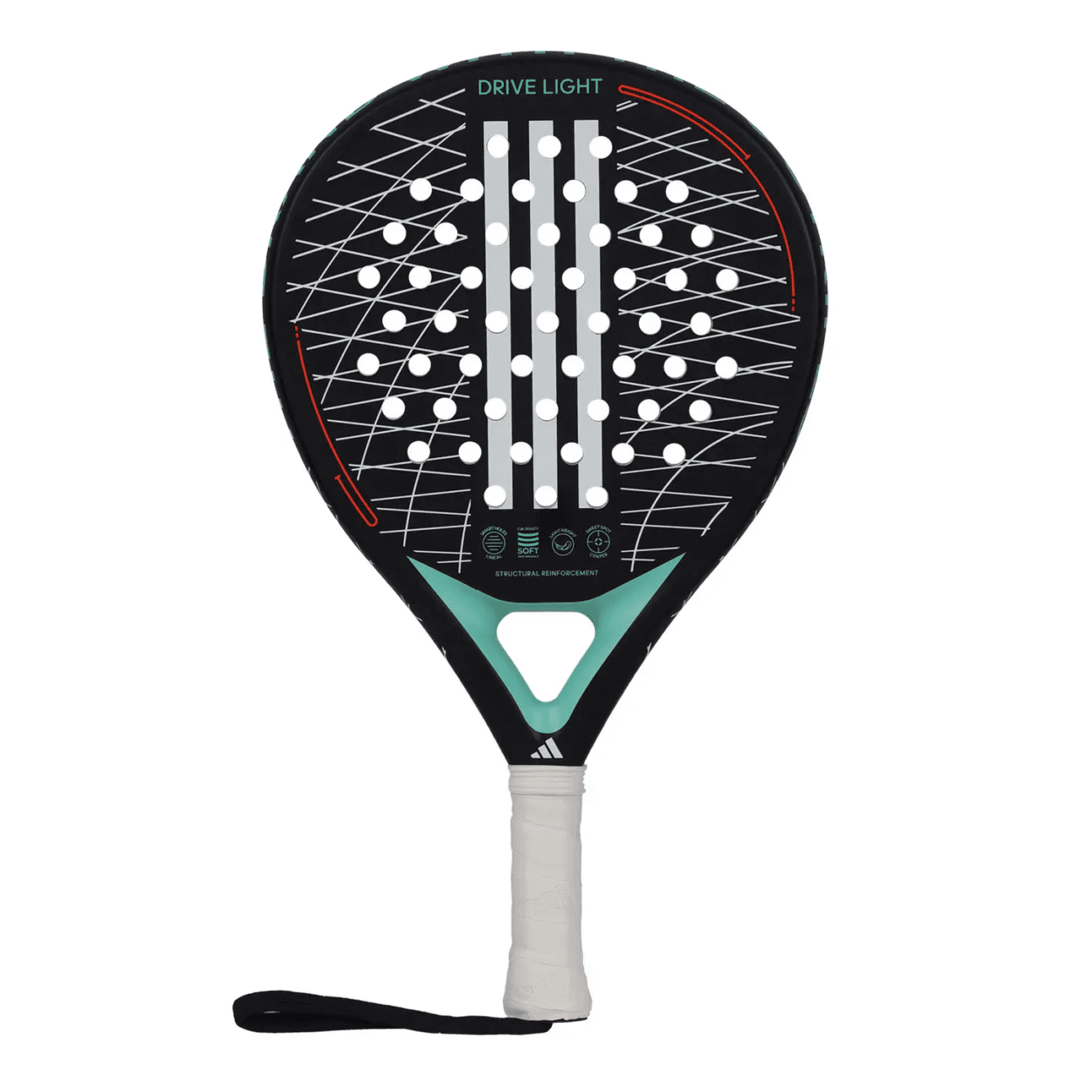 Der schwarz-blaugrüne Adidas Drive Light 3.3 2024 Padelschläger verfügt über eine perforierte Oberfläche, die mit diagonalen Linien und Punkten verziert ist. Sein schlankes Design wird durch eine weiße Griffwicklung aufgewertet, auf der oben deutlich „Drive Light“ steht, während eine Handschlaufe für sicheres Spielen mit diesem hochmodernen Padelschläger sorgt.